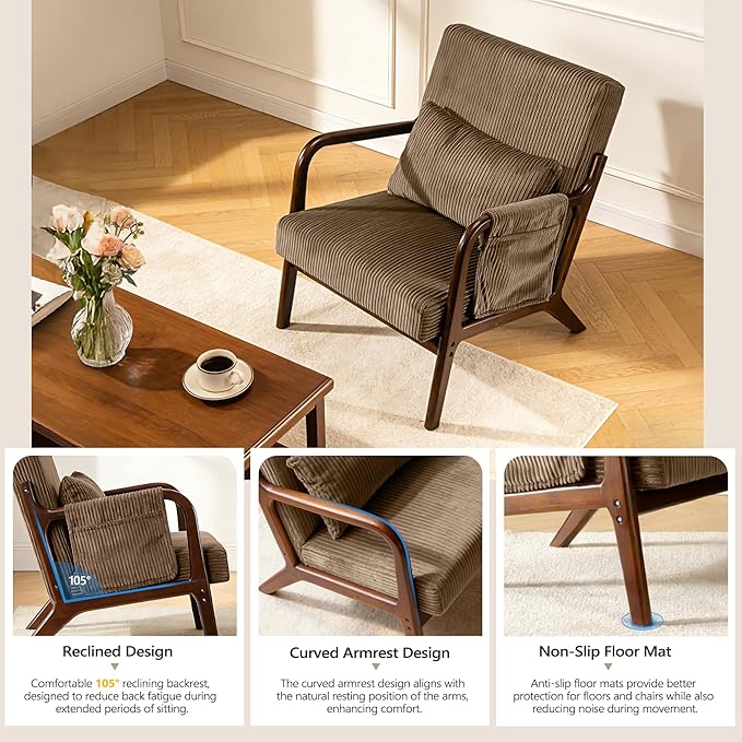 Mid-Century Modern Accent Chairs Upholstered Fabric Lounge Arm Chair with Storage Pocket Lumbar Cushion &amp Solid Wood Frame for Living Room Bedroom Balcony (Camel)