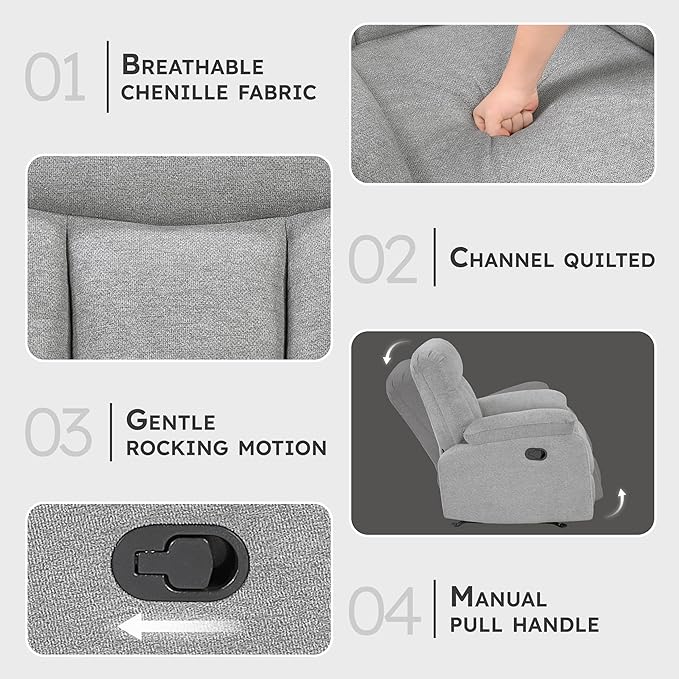 Lexicon Manual Rocker Recliner Chair for Living Room Chenille Fabric Upholstered Rocking Reclining Chair Home Theater Seating Easy Assembly Recliner Gray