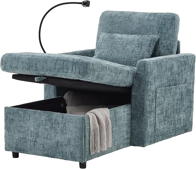 32 Comfy Chaise Lounge Sofa Bed Chair with Storage Side Pockets Phone Holder &amp 2 Pillows Modern Chenille Upholstered Sleeper Sofa Leisure Chair for Living Room Bedroom Small Spaces (Lake Blue)