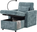 32 Comfy Chaise Lounge Sofa Bed Chair with Storage Side Pockets Phone Holder &amp 2 Pillows Modern Chenille Upholstered Sleeper Sofa Leisure Chair for Living Room Bedroom Small Spaces (Lake Blue)