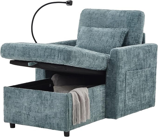 32 Comfy Chaise Lounge Sofa Bed Chair with Storage Side Pockets Phone Holder &amp 2 Pillows Modern Chenille Upholstered Sleeper Sofa Leisure Chair for Living Room Bedroom Small Spaces (Lake Blue)