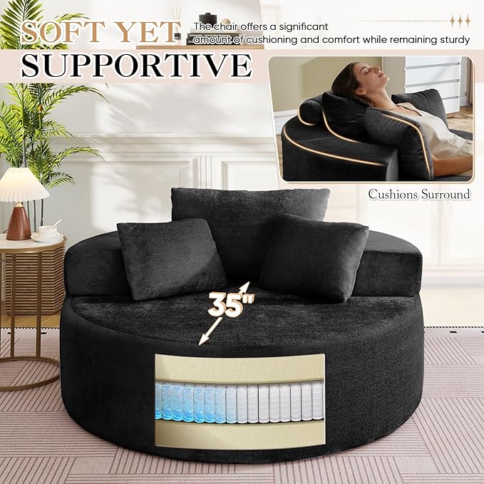 Modern Round Accent Sofa Chair for Living Room Upholstered Soft Terrycloth Barrel Lounge Arm Chair with Large seat&ampThrow Pillows for Bedroom Office Apartment Black