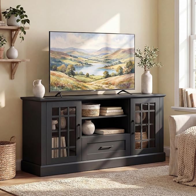 Giantex Farmhouse TV Stand for 65/70 Inch TV Tall Entertainment Center with Storage Cabinets Glass Doors Drawer Removable Shelves Media TV Console Table for Living Room Bedroom (Black)