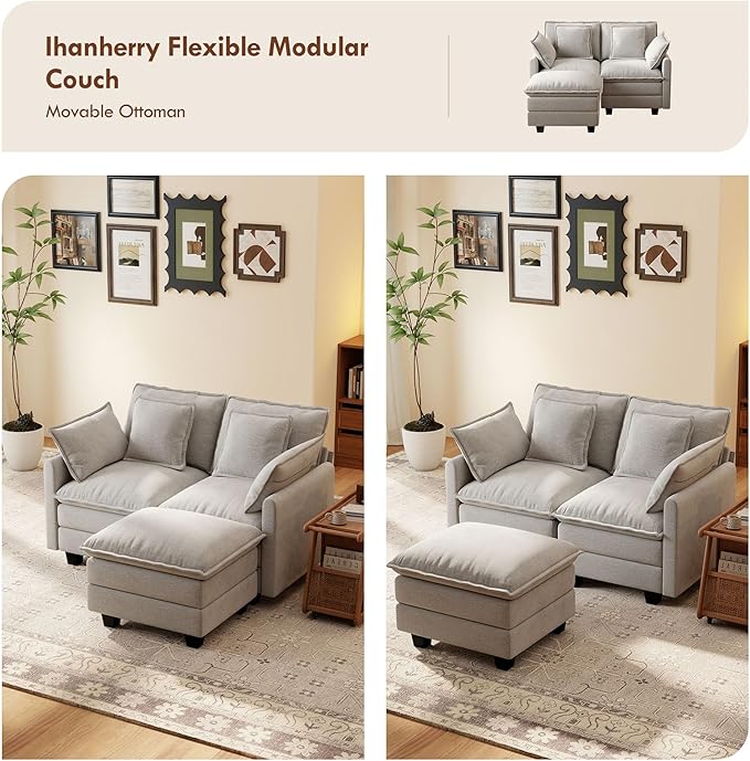 Ihanherry 57 L Shaped Modular Sectional Cloud Sofa Modern 3 Seat Chenille Couch with Ottoman for Living Room Bedroom and Apartment Grey