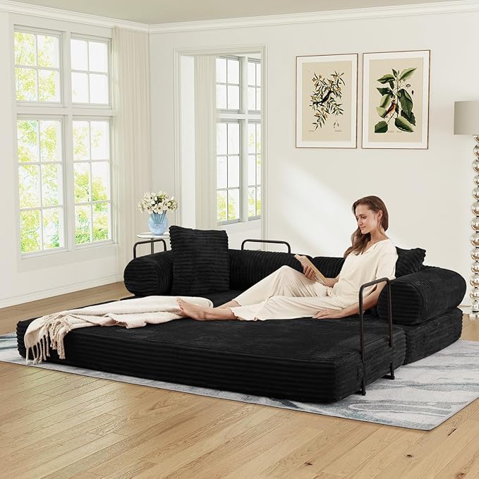 78.5W Convertible Folding Sofa Bed Corduroy Upholstered Queen Size Foam Floor Couch with Fixed-Shaped Frame Loveseat Sleeper Compression Sofa Foldable Mattress for Living Room Bedroom(Black)