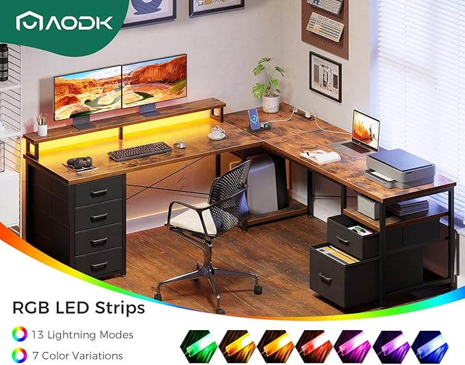 AODK 66 L Shaped Computer Desk 113“ Reversible Home Office Desk with File Cabinet &amp 4 Fabric Drawers Two Person Desk with LED Lights &amp Power Outlet Corner Gaming Desk with Monitor Shelf V