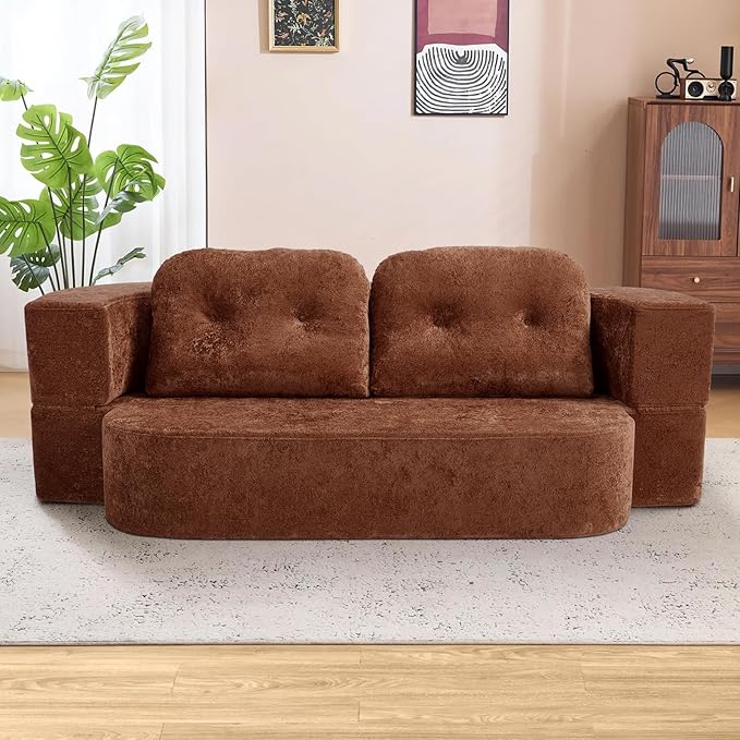 Hommoo Compression Sofa Convertible Sofa Bed Folding Sleeper Futon with Back Armrest 2 in 1 Floor Lounge Couch Chenille Fabric Foldable Mattress Couch for Living Room/Guest Room/Apartment Orange