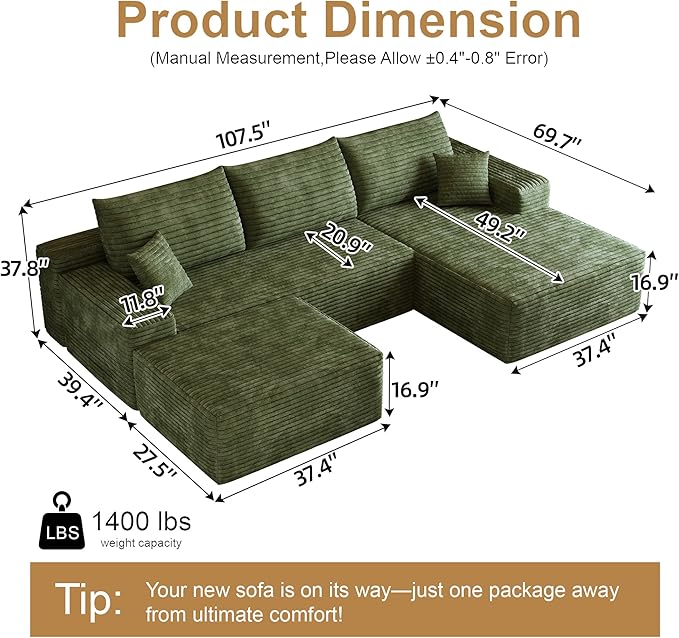 108 Sectional Couches for Living Room Cloud Couch Sofa with L-Shape Upholstered Boneless Couchs Modern Modular Sectional Couch with Chaise (Green 108 Right Facing Chaise+2Seaters+1Ottoman)