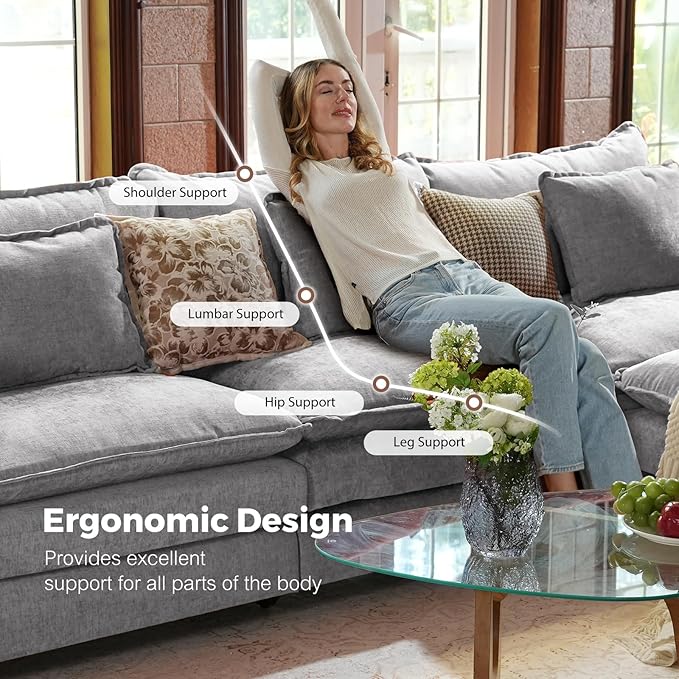 ELUCHANG 113 L Shaped Sectional Couch Comfy Cloud Modular Sectional Sofa with Movable Ottoman 4-Seat Deep Seat Modern Cloud Sofa Couches for Living Room Bedroom and Apartment Chenille Grey