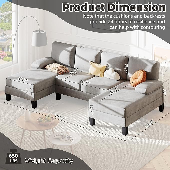 Bezseller 107.3 Sectional Couches for Living Room U Shaped Modular Sofa Couch with Cushion &amp Chenille Fabric 4-Seat Comfy Furniture Sets with Double Chaise for Apartment Reception Room Grey