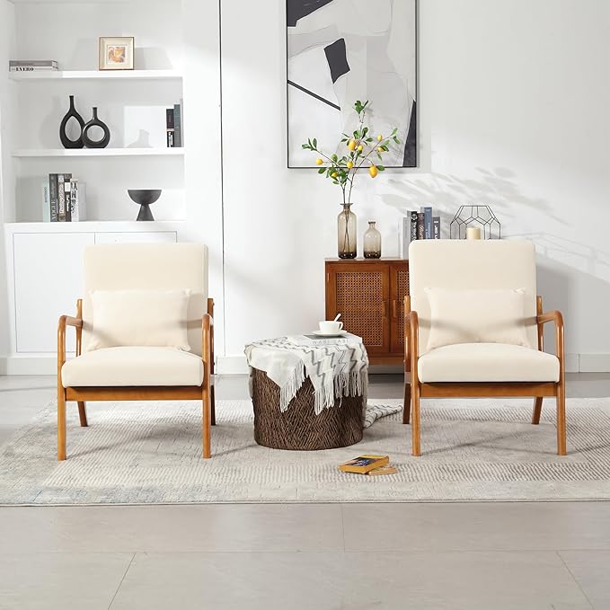 Modern Accent Chair Solid Wood Padding Lounge Armchairs with One Pillow for Living Room Bedroom Guest Room (Beige)