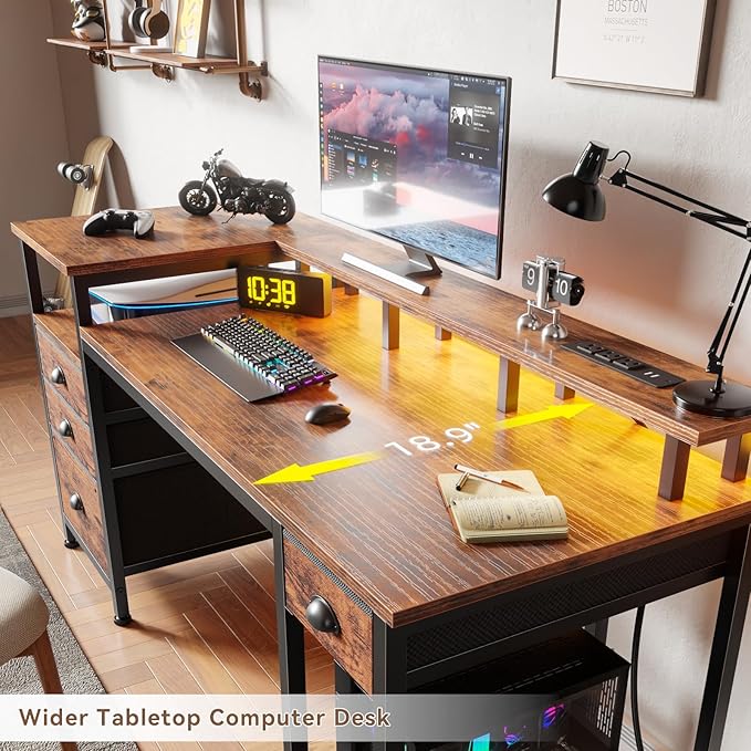 Furologee 60 Computer Desk with File Cabinet and Storage Shelves Reversible Home Office Desk with LED Lights Full Monitor Stand Power Outlets Study Gaming Table with 4 Drawers Rustic Brown