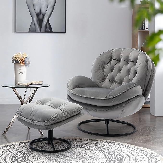 Accent Chair TV Chair Living Room Chair with Ottoman Modern Velvet Lounge Chair with Ottoman Set with Metal Legs Swivel Leisure Chair for ClubHome Office (Gray/TV@)