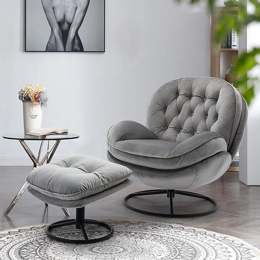 JINS&ampVICO Velvet Swivel Accent Chair with Ottoman Set Modern Upholstered Lounge Chair Lazy Sofa with Footrest Comfy Armchair with Metal Base Frame for Living Room Bedroom Home Office Grey