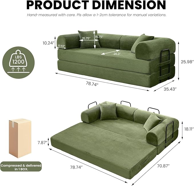 79 5-in-1 Convertible Sofa Bed Premium Sleeper with Reinforced Frame &amp Plush Corduroy No Assembly Modular Couch for Lounge Guest Room &amp Small Space Olive Green