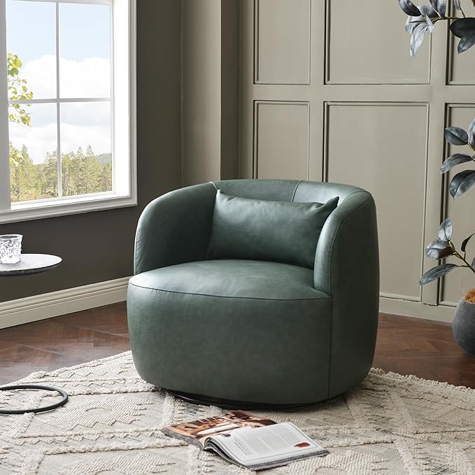 KINWELL Swivel Faux Leather Armchair with Ottoman Set No Assembly 34”W PU Leather Accent Chair &amp 23 Small Footrest for Living Room Lounge Green