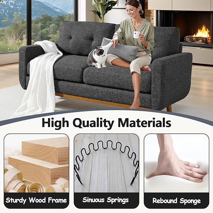 68“ Mid Century Modern Loveseat Sofa for Small Living Room Rraditional 2 Seater Couch for Office Apartment Bedroom Mini|Small|Vintage|Wood Frame|Chenille Fabric|600 LBS|Tufted (Dark Grey)