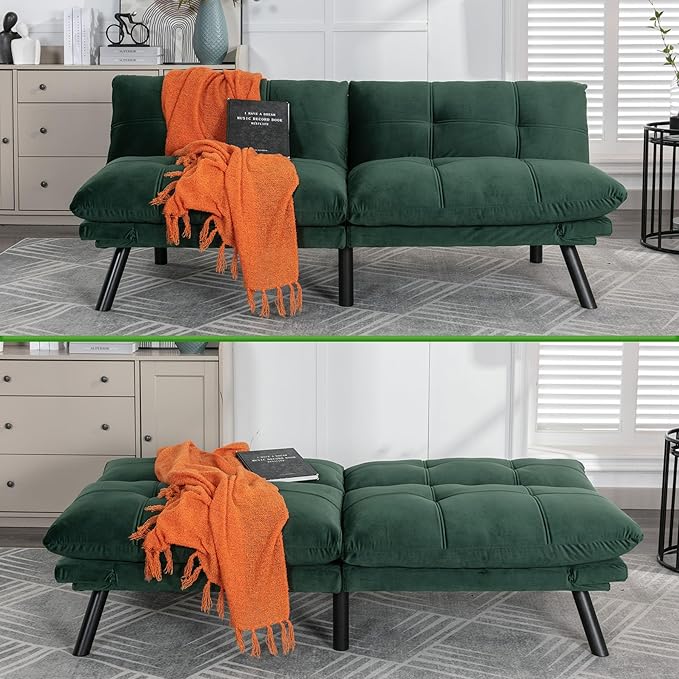 Anwick Modern Futon Couch Bed Sofa: Velvet Fabric Quick Folding Armrest Space-Saving Convertible 2 Seater Loveseat for Living Room Bedroom Small Rooms Apartment (Green)