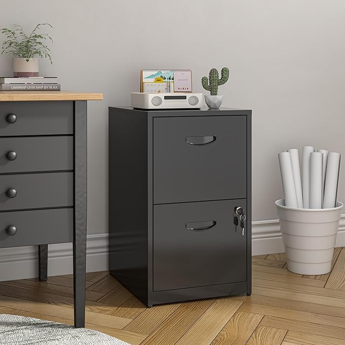 2 Drawer File Cabinet with Lock Metal File Cabinets for Home Office Under Desk Storage Printer Stand Office File Cabinets for Letters and File Boxes Assembly Required Black