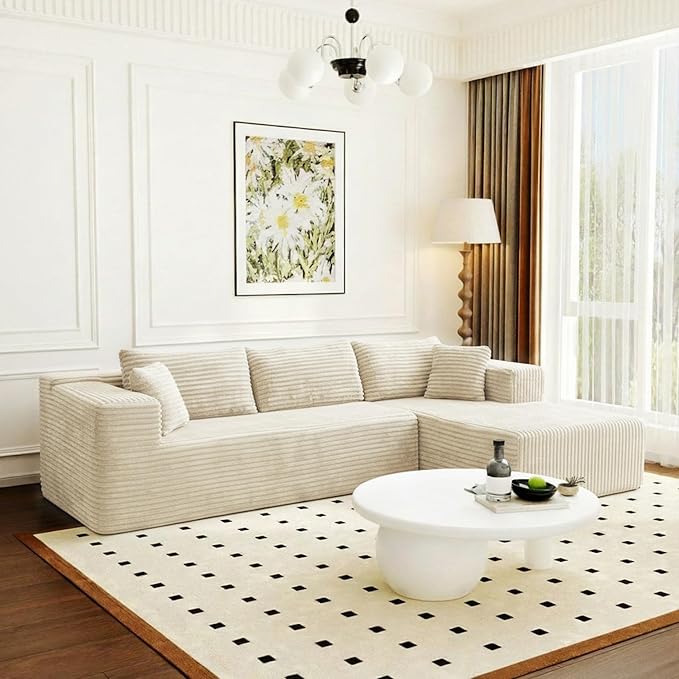FUFU&ampGAGA 105.9” Sectional Sofa with Chaise L-Shape Corduroy Cloud Couch with Pillows Modern Boneless Sofa for Living Room Apartment No Assembly Required Beige 105.9”W x 68.9”D x 26.4”H