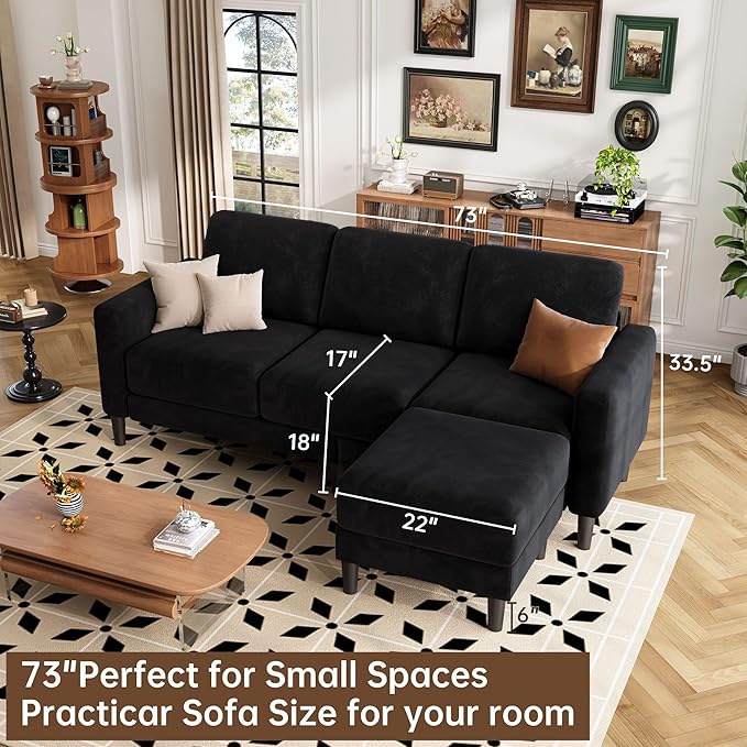 ZeeFu 73 Sectional Sofa Couch for Living Room L Shaped Couch with Extra Thick Deep Seat Cushions 3 Seater Convertible Sofa with Movable Ottoman for Small Apartment 650lbs Heavy Duty