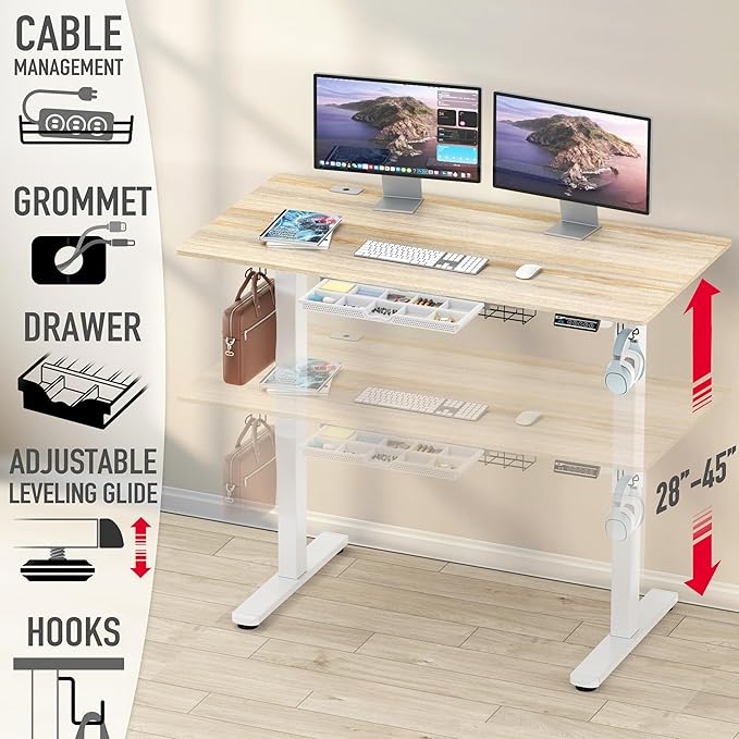 SHW 55 x 28 Inches Electric Height Adjustable Standing Desk with Drawer and Memory Preset Maple