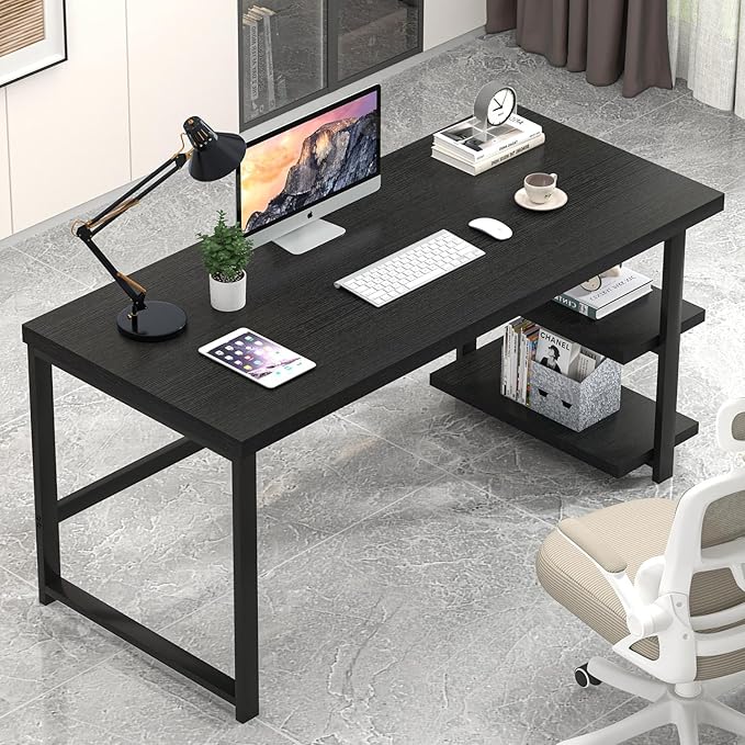EXCEFUR Black Desk Modern Computer Desk for Home Office Metal Wood Writing Study Table Workstation with Storage Shelf for Living Room Bedroom 53 Inch