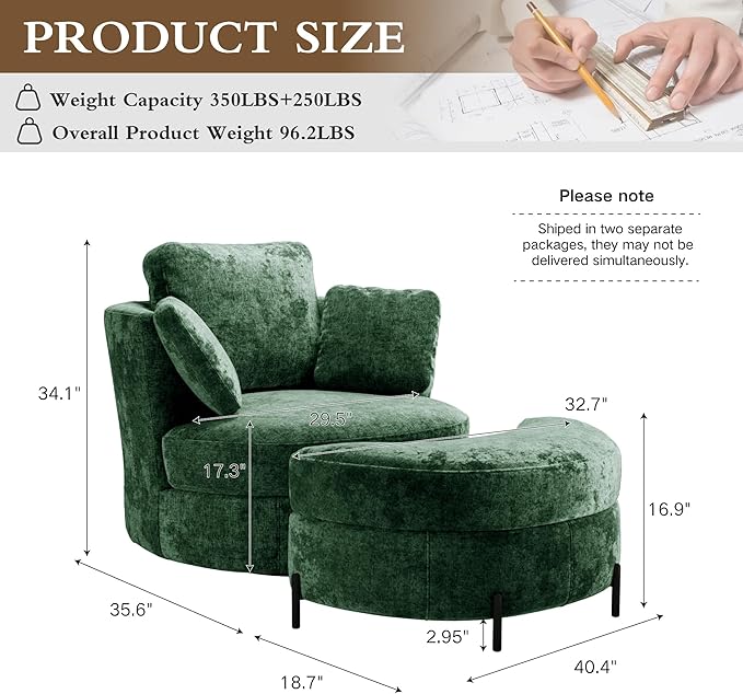 Chifee &amp Vingol Swivel Accent Chair with Ottoman 40.35 Round Swivel Chair Storage Ottoman &amp Pillows 360° Barrel Chair for Living Room Bedroom OfficeChenilleGreen