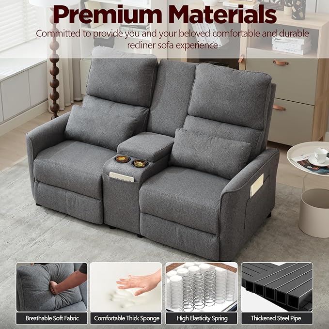 MANBUR Push-Back Reclining Loveseat with Console Loveseat Reclining Sofa Home Theater Seating RV Recliner Sofa Recliners Double Recliner Couch with Storage Pockets &amp Cup Holders Gray