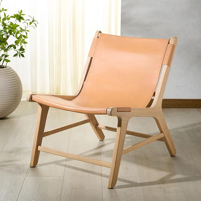 SAFAVIEH Couture Collection - Alanarose Tan &amp Natural Solid Teak Wood Accent Chair Modern Sling Style Leather Seat Fully Assembled (SFV1903D)