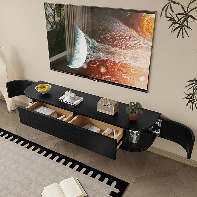 Maggym 47 Wall-Mounted TV Stand with Side-Opening Storage Modern Engineered Wood Floating Media Console with Drawers and Open Shelf