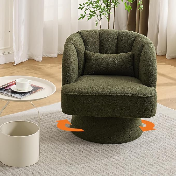 GarveeHome Modern Swivel Barrel Accent Chair 360° Teddy Fabric Upholstered Armchair with Striped Backrest &amp Plush Padding Comfy Round Lounge Chair for Living Room Bedroom Reading Nook Green