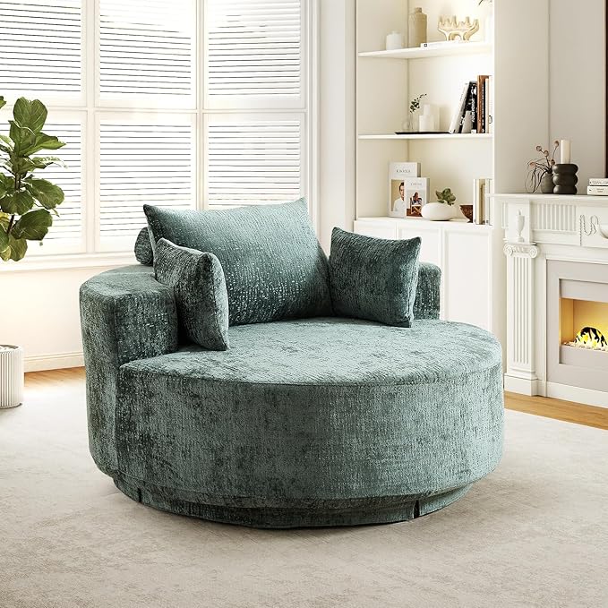 55 W Oversized Round Swivel Accent Barrel Chair360 Degree Chenille Upholstered Comfy Chaise Lounge Chair IndoorModern Deep Seat Single Sofa Armchair for Living RoomBedroomOffice(Green)
