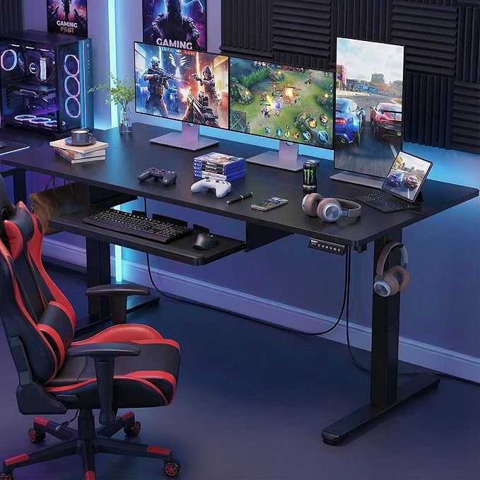 ErGear Large Electric Standing Desk with Keyboard Tray 63x28 Inches Adjustable Height Sit Stand Up Desk Home Office Desk Computer Workstation Black