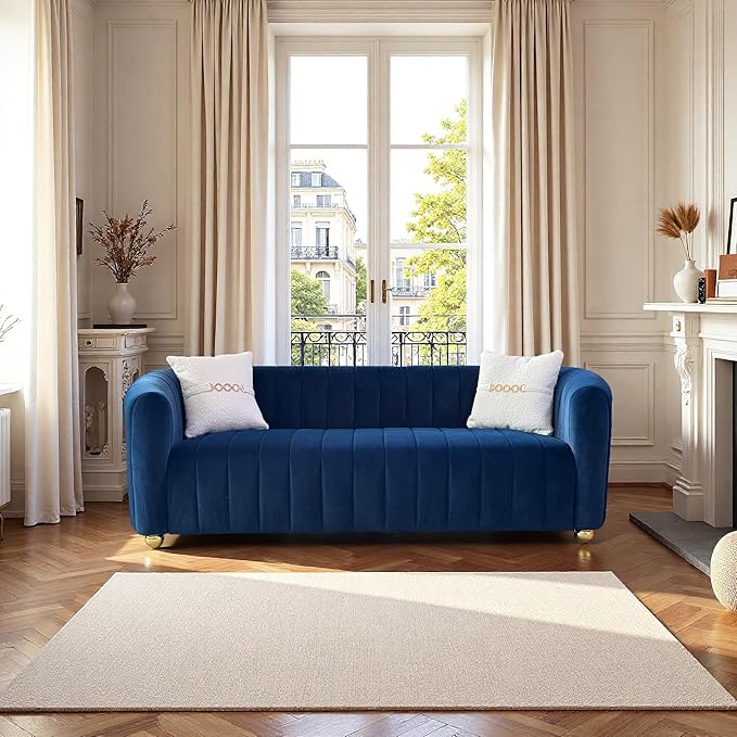 Modern Velvet Loveseat Sofa Couch for Living Room 84 Comfy Upholstered 3 Seater Sofa Couch with Gold Metal Legs &amp 2 Pillows Luxury Sectional Sofa for Bedroom Office Apartment Blue