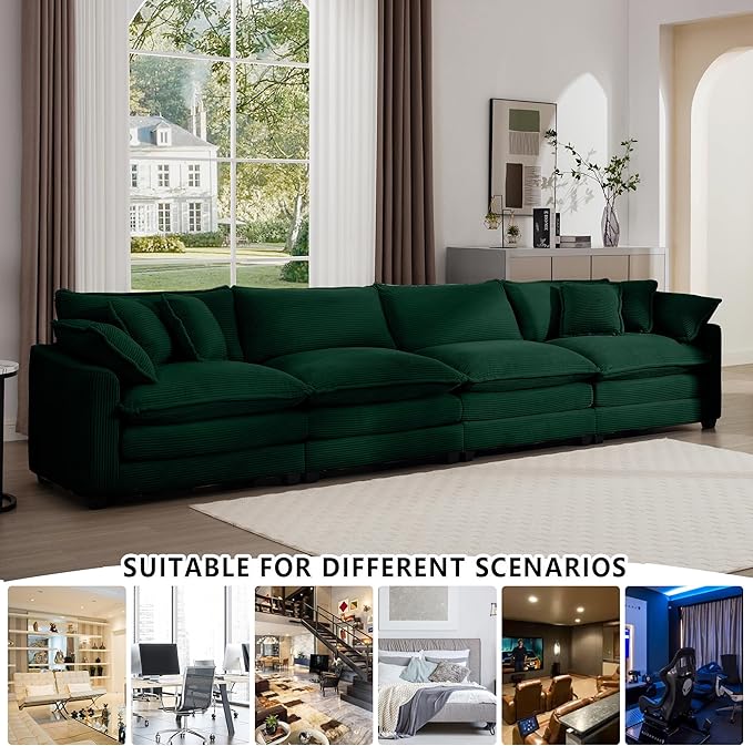 Aoowow Corduroy 4 Seater Sofa CouchModern Large Cloud Couches for Living RoomTufted Modular Sectional Cloud Sofas with Deep SeatOversized 4 Seat Sofa Set (Green 4 Seater)