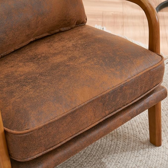 Mid Century Modern Accent Chairs Single Bronzing Cloth Lounge Reading Armchair with Solid Wood Frame Easy Assembly Arm Chairs for Living Room-Brown