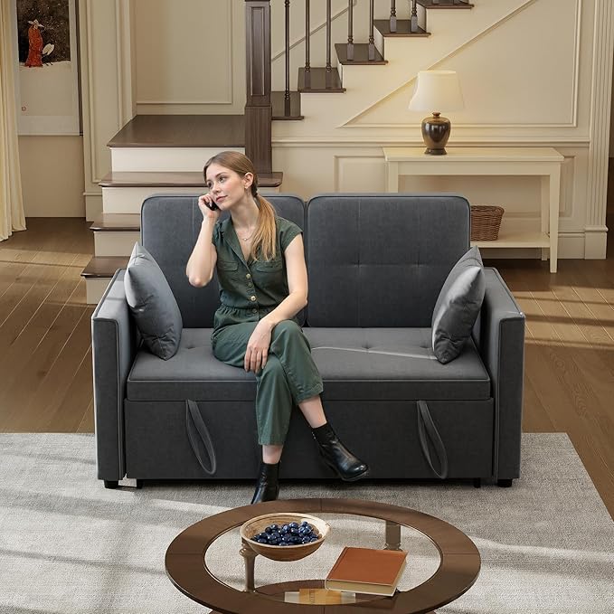 Pull Out Sofa Bed: 56 Grey 3 in 1 Convertible Sleeper Sofa Bed Velvet Loveseat Sleeper Couch with Storage Comfy Futon Couch Beds for Living Room | Velvet