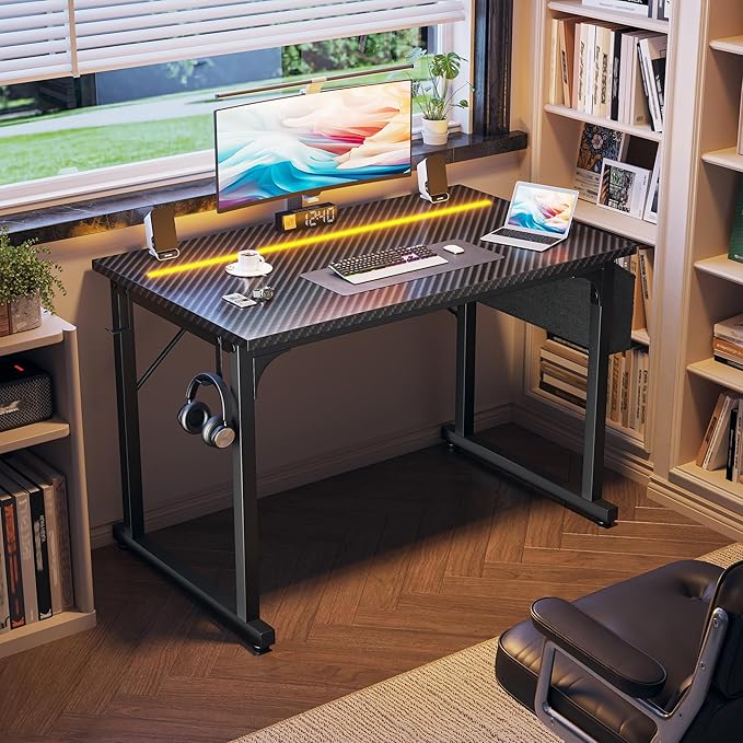 40 Inch Computer Desk with LED Lights for Small Spaces Office Desk for Home Office Study Desk Writing Table with Storage Bag Headphone Hook Black