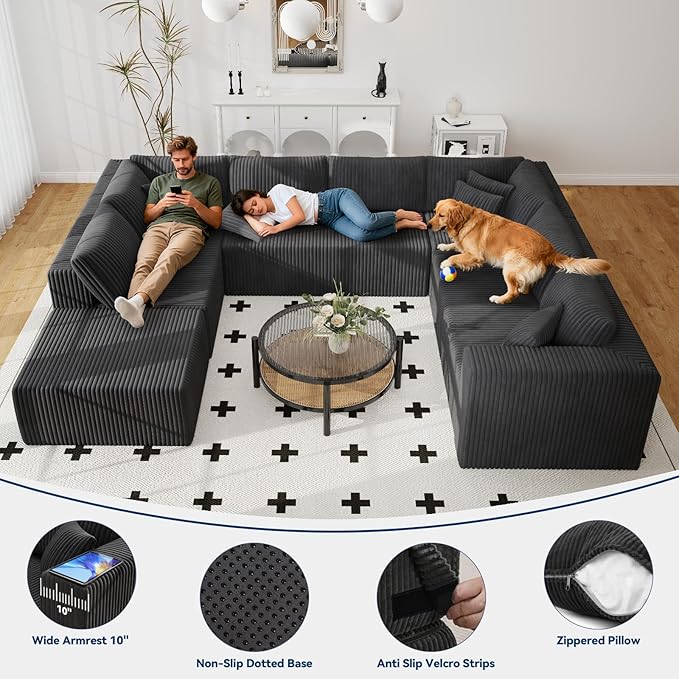 135 U Shaped Boneless Couch Oversized Boneless Sectional Couches for Living Room Large Modular Sofa with Ottoman Plush Corduroy Couch with Deep Seat Chaise No Assembly Black