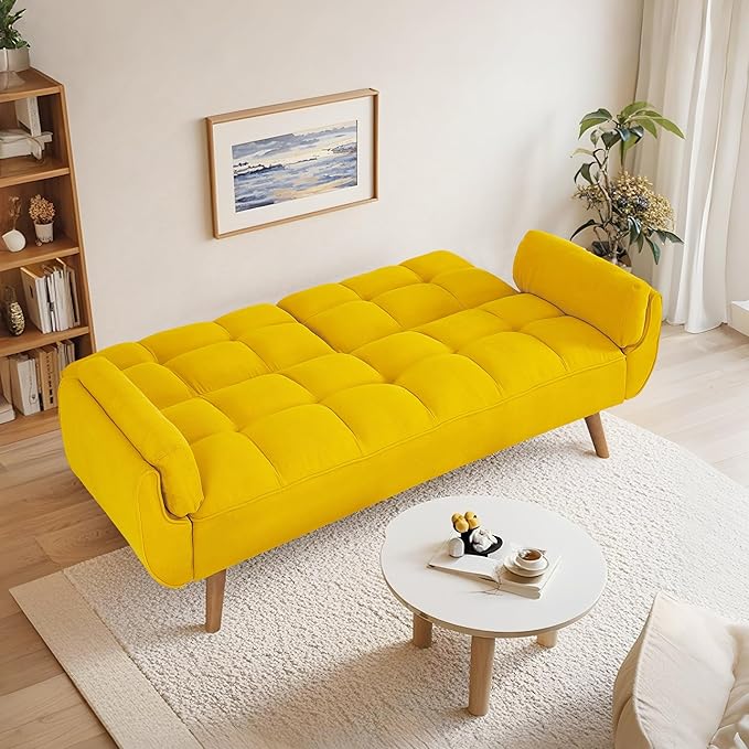 Convertible Futon Sofa Bed Sleeper Couch Bed with Adjustable Backrests Linen 3 Seater Small Couches for Small Spaces Living Room Bedroom(Yellow 75)