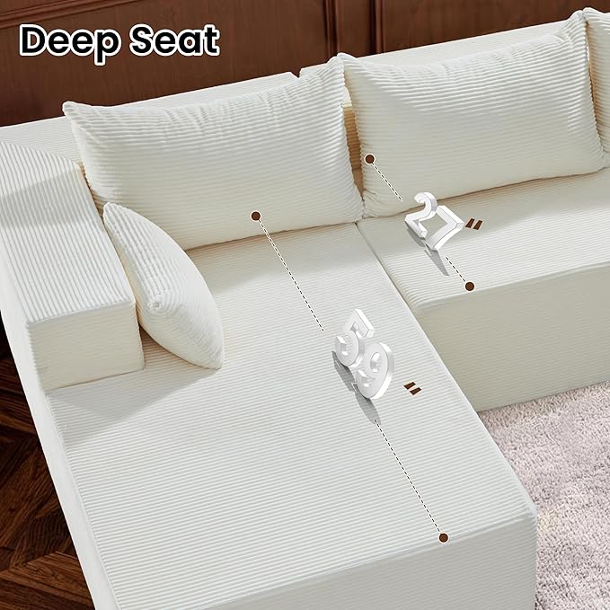 106 Cloud Sectional Boneless Couches for Living Room Modular L Shaped Couch with Deep Seat Oversized Left Facing Chaise Memory Foam Compressed Spineless 3 Seater Sofa for Bedroom Apartment Beige
