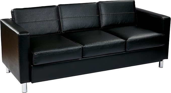 OSP Home Furnishings Pacific Sofa with Padded Box Spring Seats and Silver Finish Legs Black Vinyl