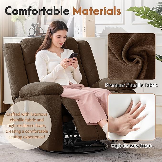 Rocker Recliner Chair for Adults 360° Swivel Rocker Recliner with Massage and Heating Nursery Rocking Chairs with Side Pockets Manual Reclining Chair for Living Room Bedroom or Nursery