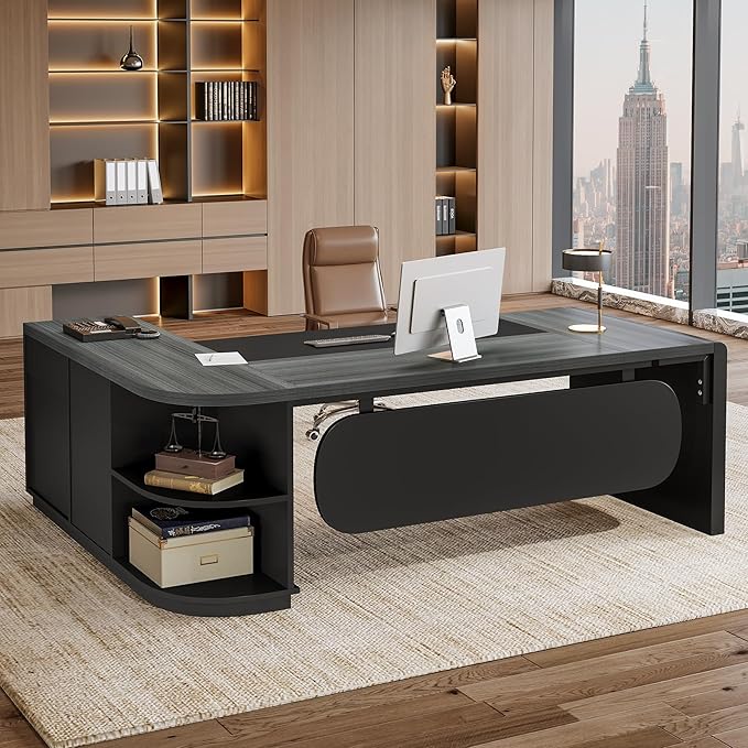 Tribesigns 81-Inch L-Shaped Executive Desk Large Modern Office Desk with Drawers and File Cabinet for Home or Business Workspace Grey &amp Black Computer Desk with Storage Shelves