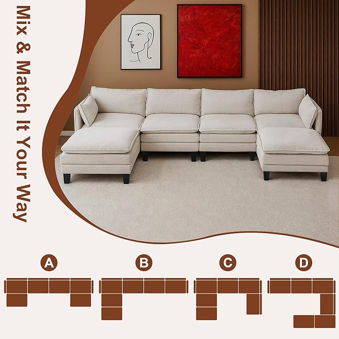 111” Modular Sectional Sofa L Shaped Cloud Couch with Ottoman Chenille Deep Seat Sofa with Pillow for Living Room Bedroom and Apartment 6 Seats Beige