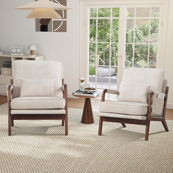 CANMOV Accent Chairs Set of 2 Mid Century Modern Chair with Extra Side Storage Pocket Upholstered Reading Armchair with Waist Cushion Accent Chair for Living Room Bedroom Easy Assembly Beige