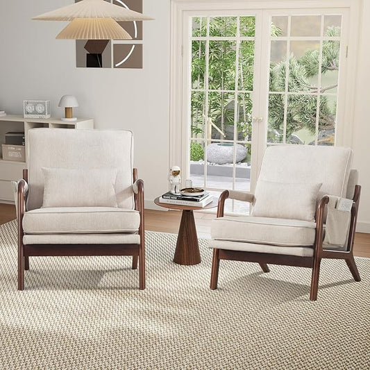 CANMOV Accent Chairs Set of 2 Mid Century Modern Chair with Extra Side Storage Pocket Upholstered Reading Armchair with Waist Cushion Accent Chair for Living Room Bedroom Easy Assembly Beige