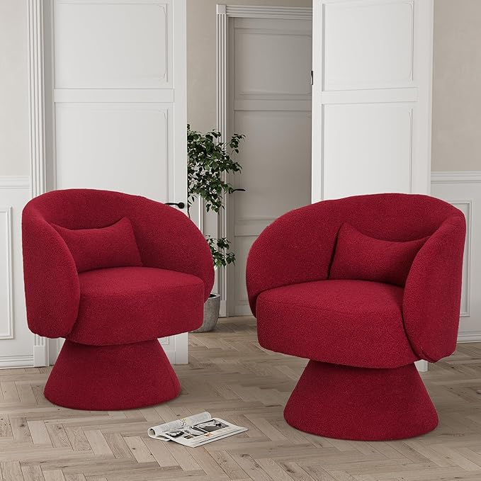 Swivel Barrel Chair Set of 2 Upholstered Swivel Cuddle Accent Chairs for Living Room Comfy 360°Small Round Boucle Sherpa Barrel Armchair for Bedroom Nursery (Red Teddy)