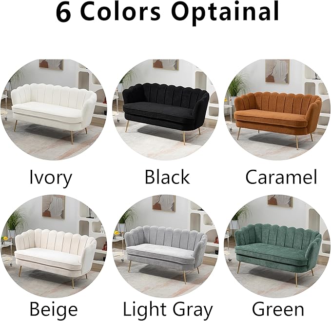 Boucle Small Sofa Couch for Small Spaces Living Room Bedroom59 Loveseat Couches with Gold Metal LegsChannel Tufted 2 Seater Sofas with Curved Back and Arms for ApartmentRV.